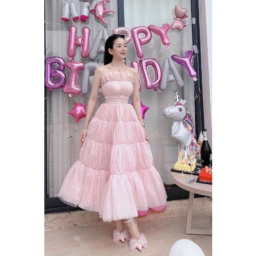 Đầm váy công chúa xốp nhũ cúp dún tùng xòe midi