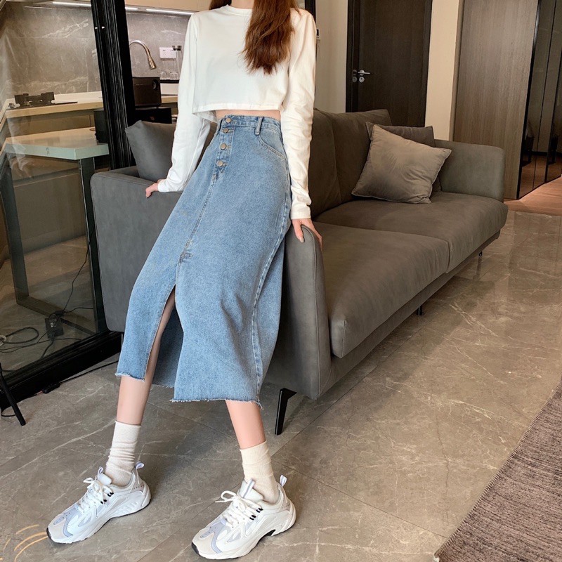 Chân váy jean dài chân váy bò xẻ trước WANAWEAR chất jean mềm đẹp | BigBuy360 - bigbuy360.vn