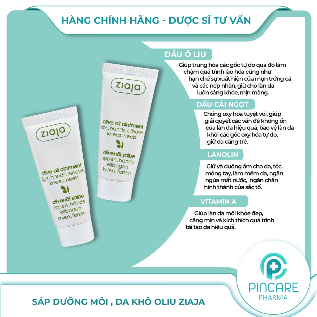 Sáp Dưỡng Môi Ziaja Olive Oil Ointment 20ml - Sáp Ô Liu Dưỡng Môi Hồng Tự Nhiên - Hàng chính hãng - Nhà Thuốc Pincare