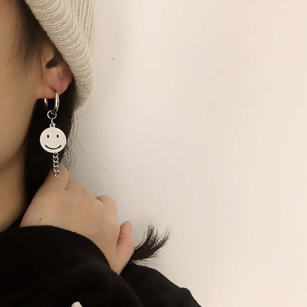 Bông Tai Dạng Kẹp Hình Mặt Cười Phối Dây Xích Tua Rua Phong Cách Punk Hiphop Cho Nam