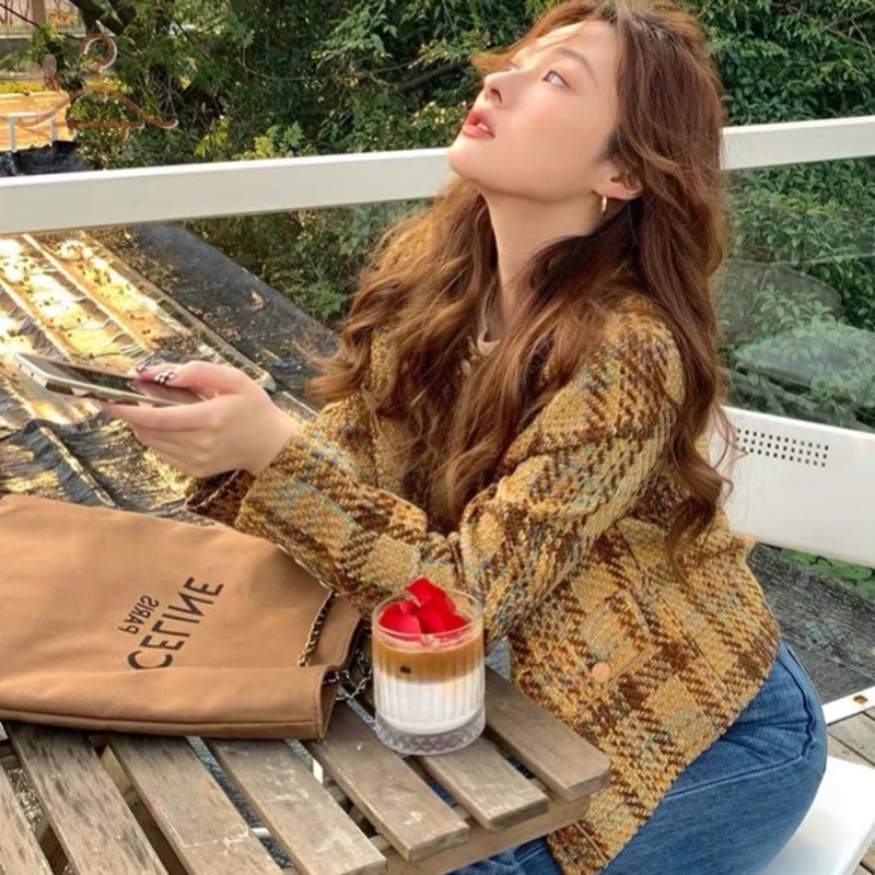 Áo khoác dạ tweed nữ màu nâu vàng mùa thu đông phong cách Hàn Quốc
