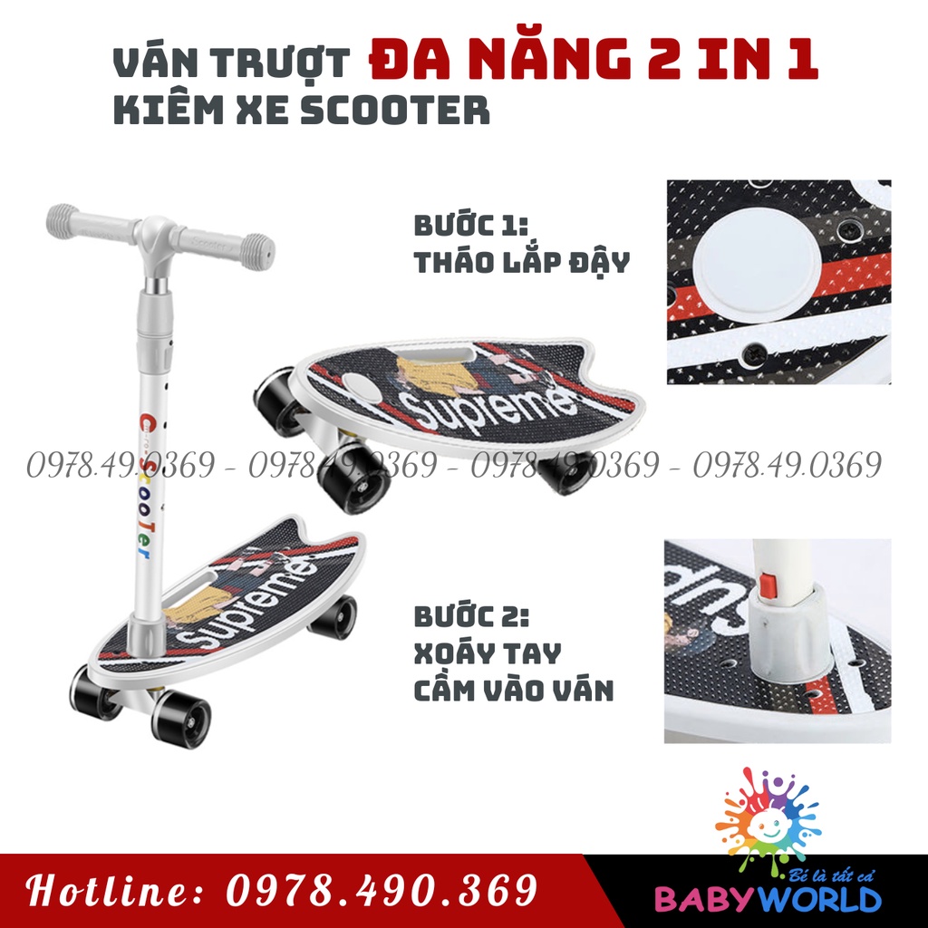 Ván trượt đa năng 2in1 siêu xịn, ván trượt thể thao cao cấp kết hợp xe scooter, bánh phát sáng chịu lực 80Kg chắc khoẻ
