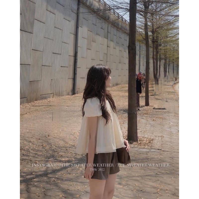 Set bộ áo babydoll tay bồng nơ lưng chất voan tơ và quần ống rộng cạp cao, set bộ tiểu thư