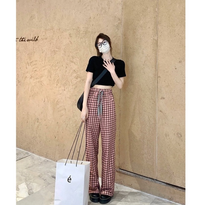 Quần ống rộng Họa Tiết Sọc Caro Phối Dây Rút Thời Trang Trẻ Trung Cho Nữ