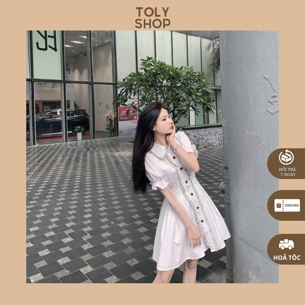 Váy trắng tiểu thư cổ sơ mi Đầm công chúa tay bồng viền đen chất vải nhẹ nhàng 2 size S M - TOLYSHOP