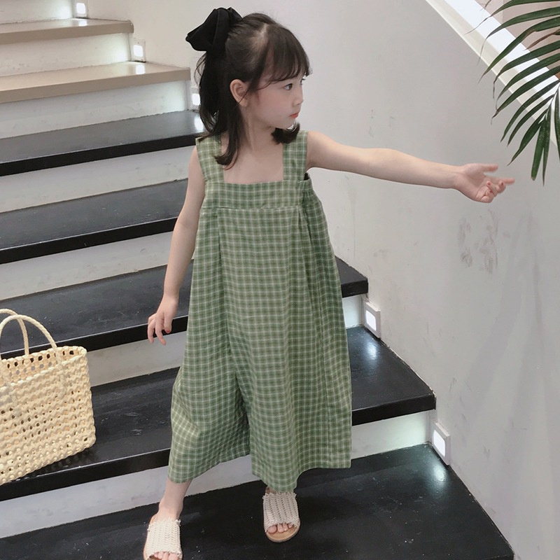 Áo liền quần Hai Dây Kẻ Sọc Caro Phong Cách Hàn Quốc Cho Bé Gái