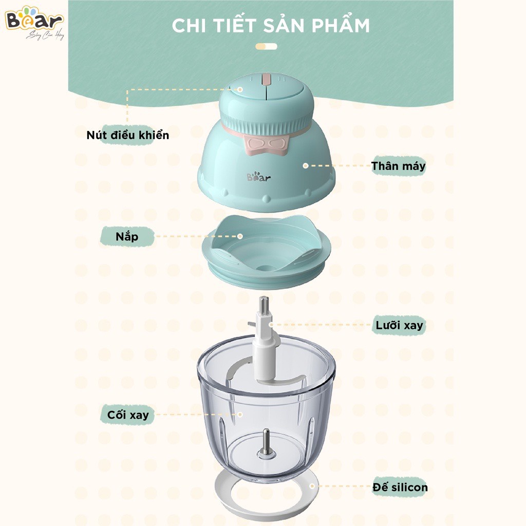 (Bản Quốc Tế, BH 18th) máy xay thịt, Máy xay thực phẩm đa năng mẫu mới hình nơ 2 tốc độ cho bé ăn dặm 0.6L Bear