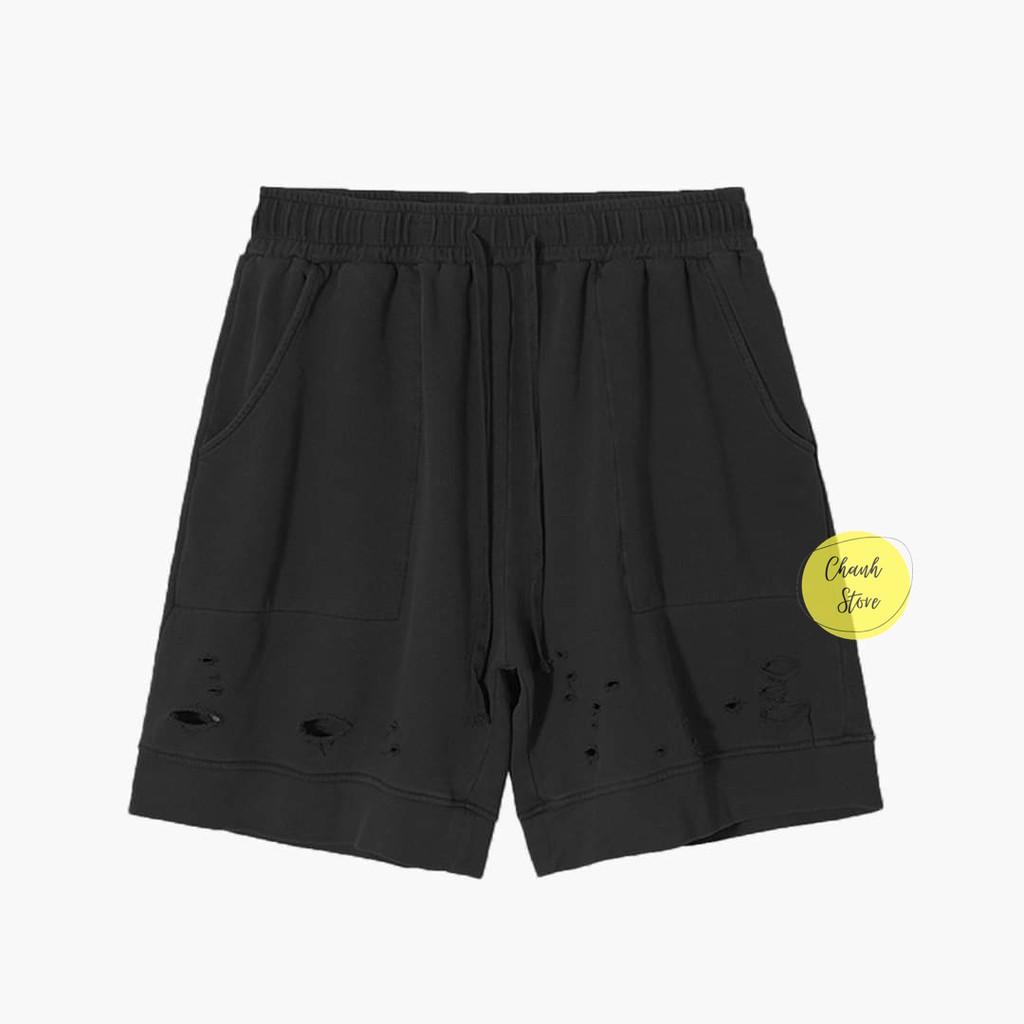 Quần Short Nam Streetwear Vải Nỉ Rách Gối  - Quần Đùi Nam Nữ Streetwear Vải Nỉ Co Giãn Tốt Thấm Hút Mồ Hôi
