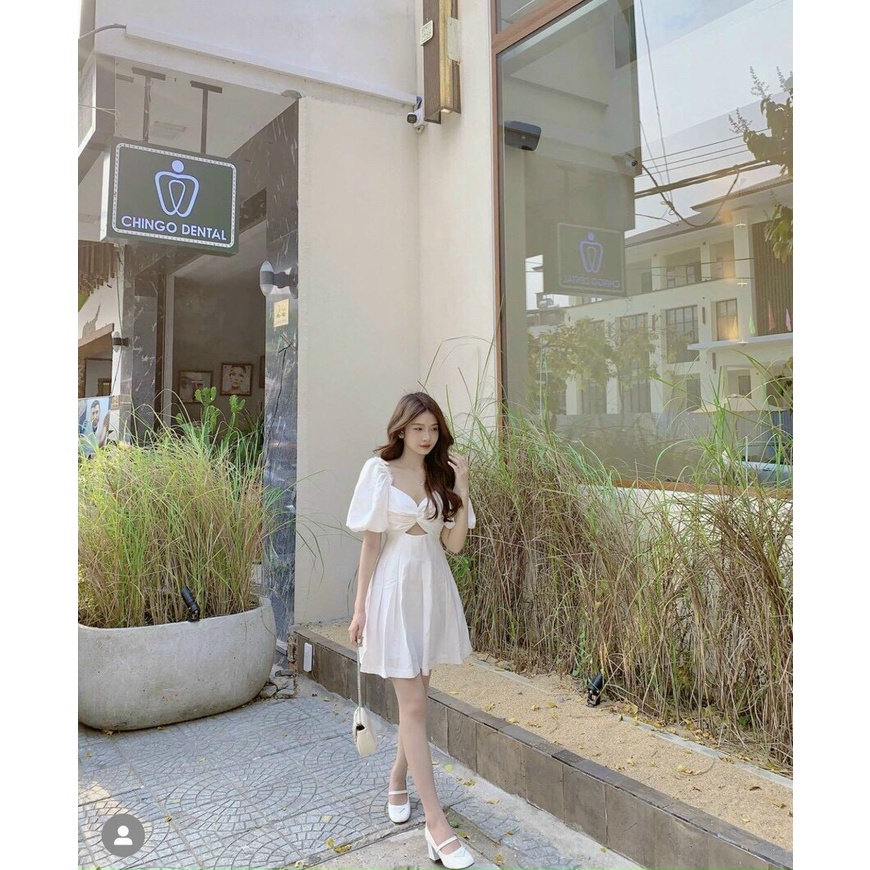 [ 8.8 Sales Freeship] Đầm trắng công chúa đi tiệc, đầm trắng tay phồng  khoét ngực dáng ngắn sexy, quyến rũ