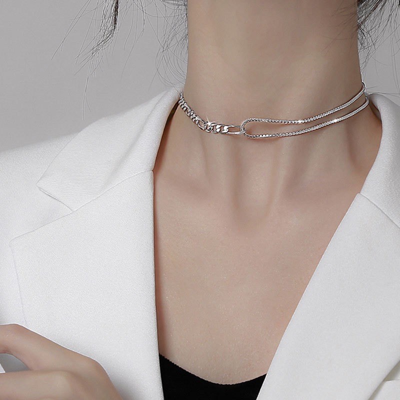 (Bạc 925 cao cấp) Vòng cổ chocker nữ thiết kế sợi layer đính đá siêu sang V09