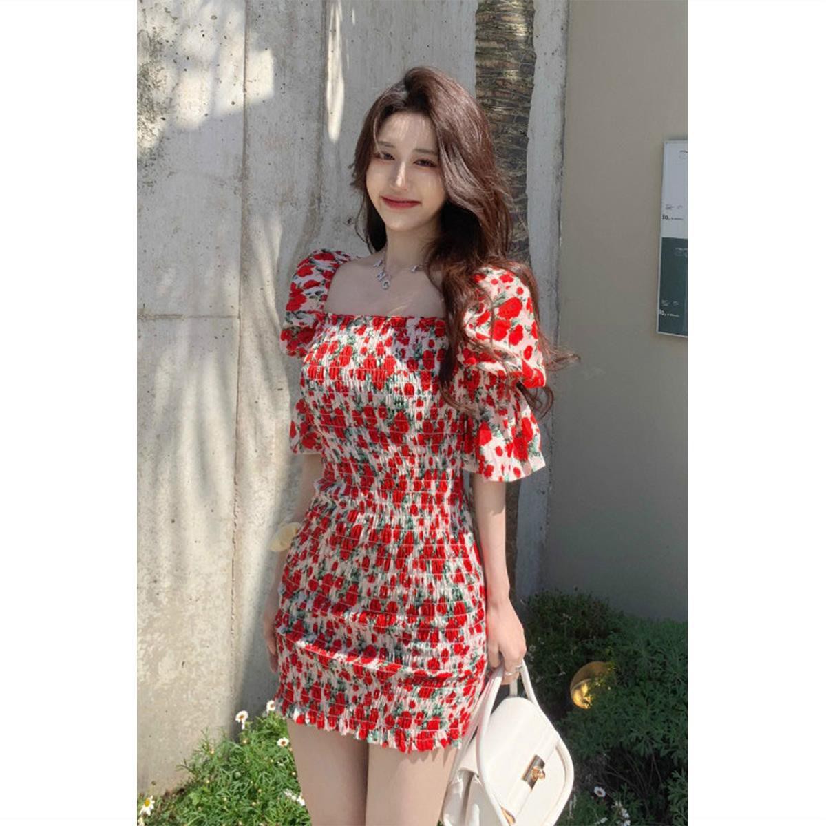 Đầm ôm Ngắn Tay Cổ Vuông In Hoa Thời Trang | BigBuy360 - bigbuy360.vn