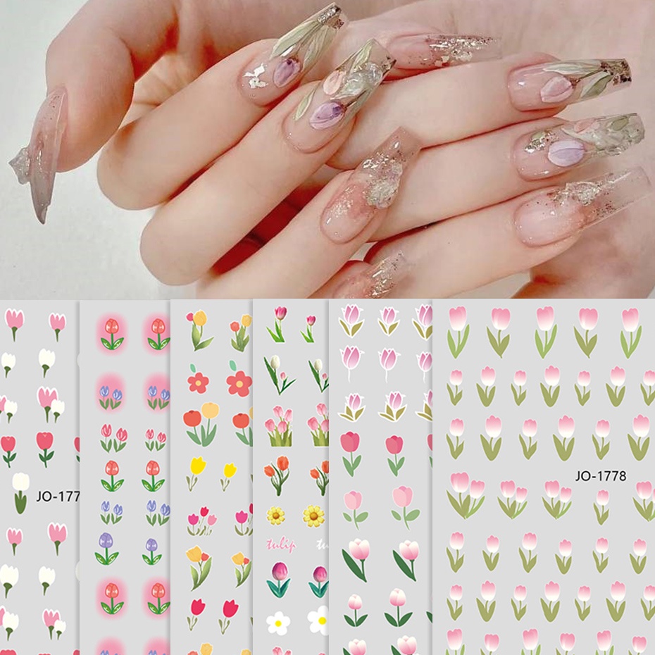Nhãn Dán Trang Trí Móng Tay Tự Dính Họa Tiết Hoa Tulip/Hoa Hồng/Bướm 3D Xinh Xắn Diy
