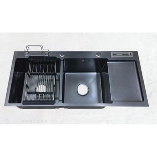 Chậu rửa chén bát Nano đen 2 hố có bàn cắm dao thớt 1000 x 450 mm tặng rổ