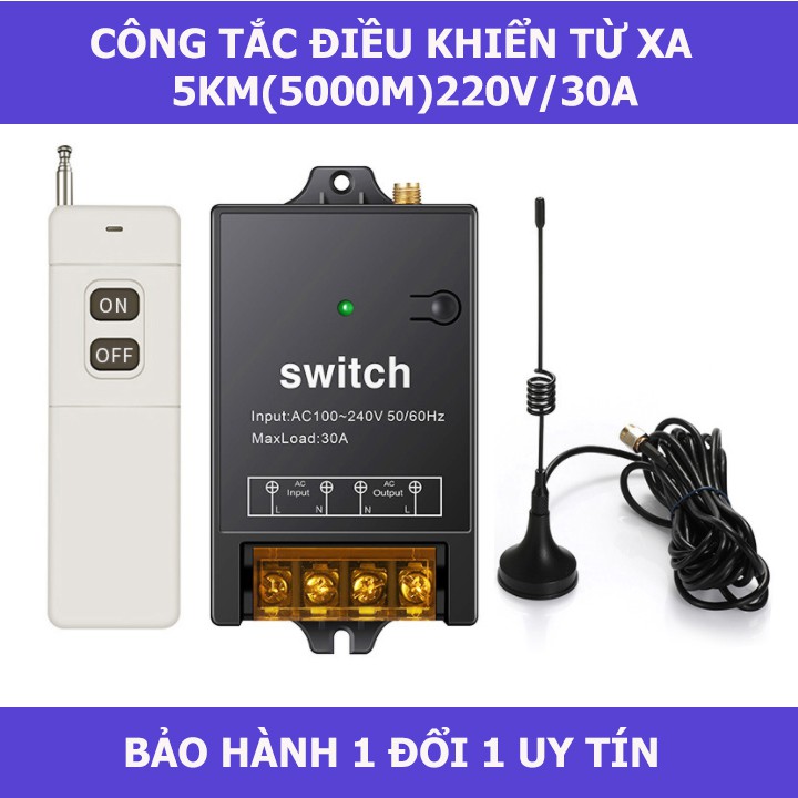 Bộ công tắc điều khiển từ xa 5Km/220V/30A có chức năng học lệnh từ điều khiển  khác ở tần số 433MHZ, công tắc điều khiển