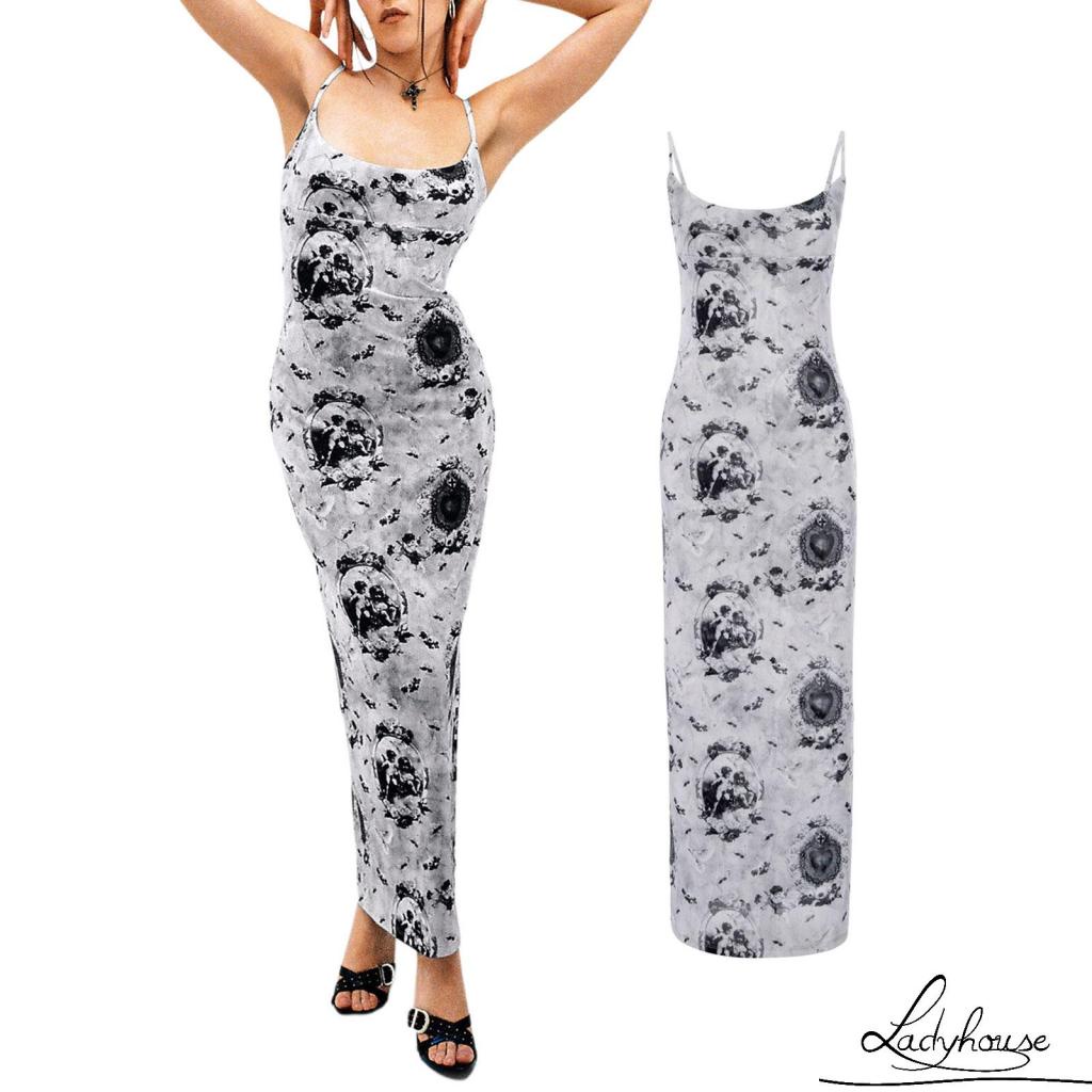 Đầm Hai Dây Ôm Dáng Xẻ Tà In Họa Tiết Thiên Thần Dành Cho Nữ Đi Tiệc Bãi Biển