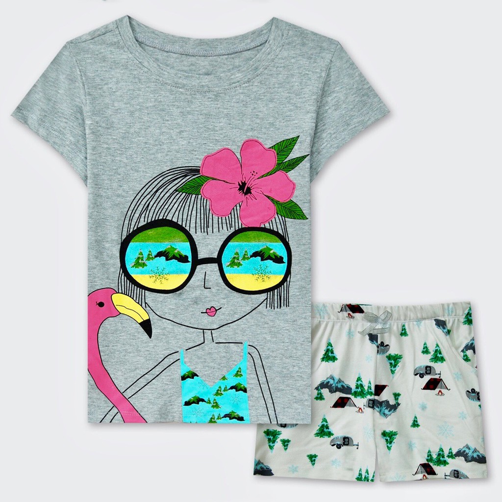 Bộ thun cotton in bé gái đeo kính mát rượi mùa hè nhỏ và lớn