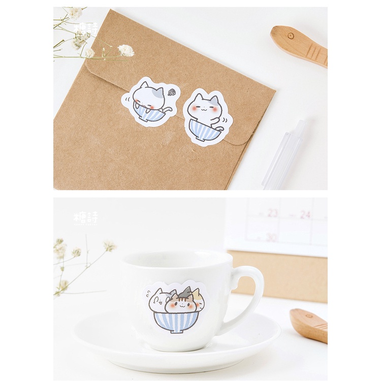 Hộp 45 sticker Mèo và Bát nhãn dán trang trí sổ tay Bullet journal