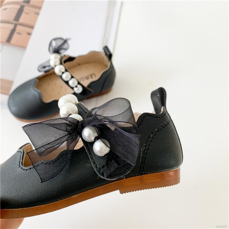 Giày búp bê màu trơn đế mềm đính nơ và hạt ngọc trai nhân tạo xinh xắn dành cho bé gái