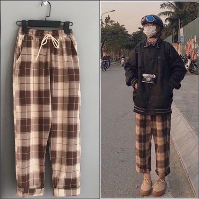 Quần Kẻ Caro Nâu Đen Ô To Plaid Pants unisex - Culottes ống rộng cạp chun vintage, thiết kế đơn giản HOT TREND
