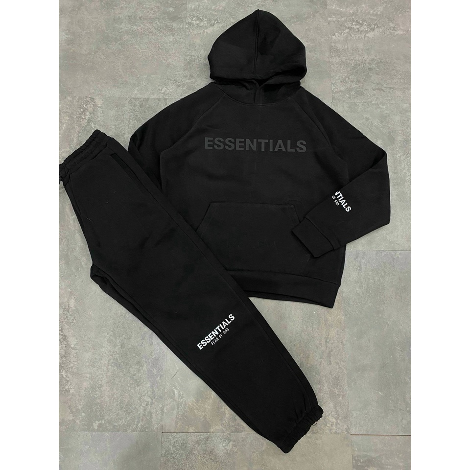 Bộ Nỉ Nam Thu Đông Dài Tay Essential Áo Hoodie Có Mũ - Màu Đen