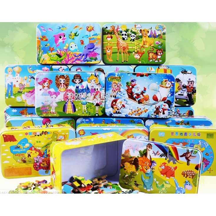 Ghép hình puzzle 60 mảnh hộp sắt nhiều mẫu