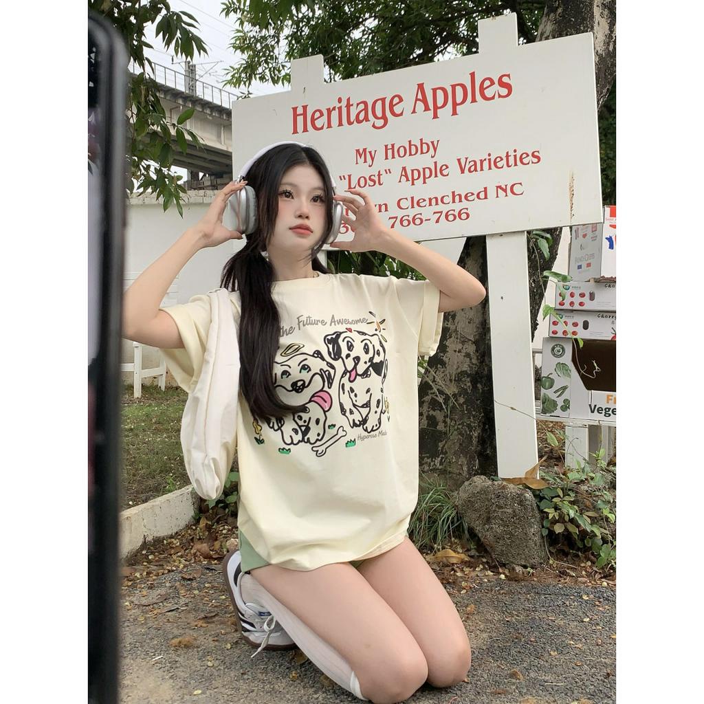 「 WELOVE1 」Áo Thun Nữ Tay Ngắn Cổ Tròn Dáng Rộng In Hình Chú Cún Đốm Dễ Thương Phong Cách Hàn Quốc Mới