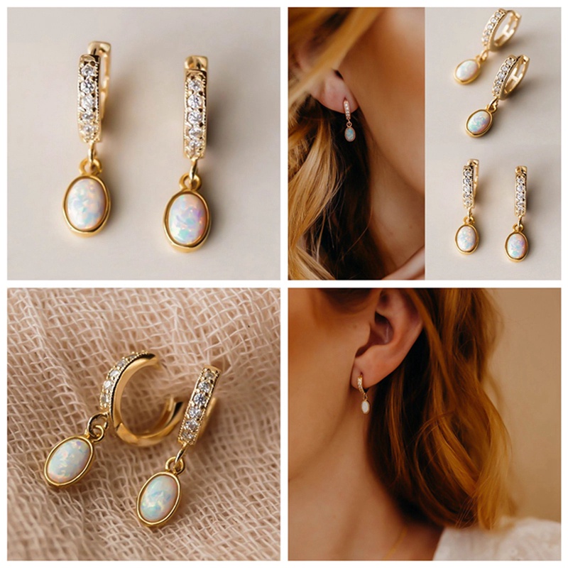 Khuyên Tai Mạ Vàng 18K Đính Đá Opal Sang Trọng