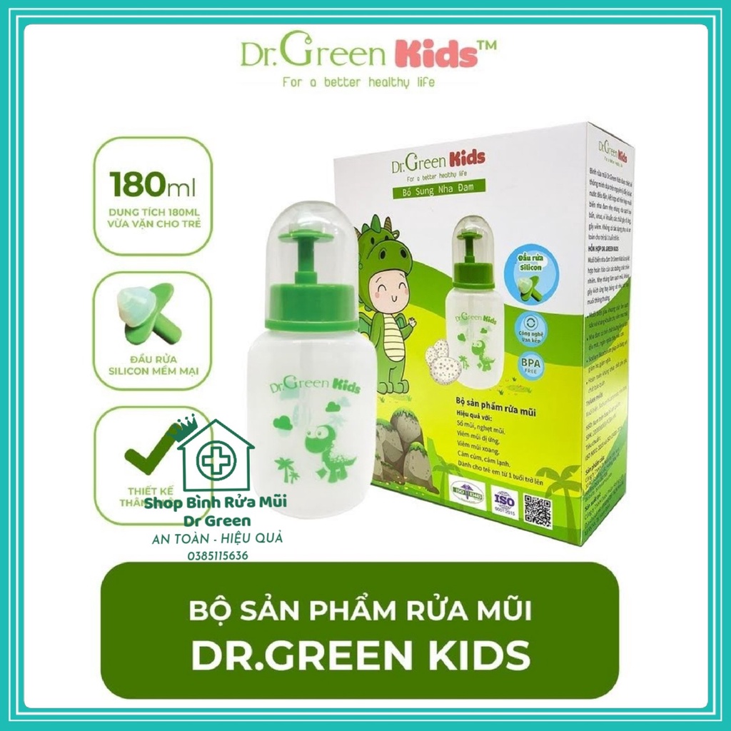 Bình rửa mũi cho trẻ Dr Green Kids, kèm 30 gói muối biển, thiết kế nhỏ gọn, đầu rửa silicon mềm mại