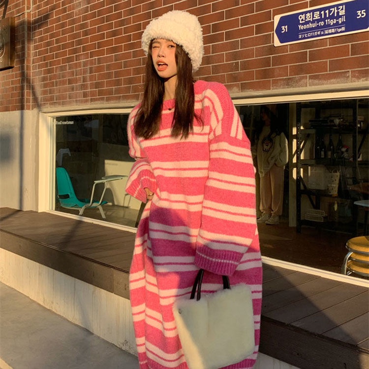 JSC Jiashucheng Đầm Sweater Dài Qua Gối Dáng Rộng Họa Tiết Kẻ Sọc Phong Cách Hàn Quốc Thời Trang Mùa Xuân Mới