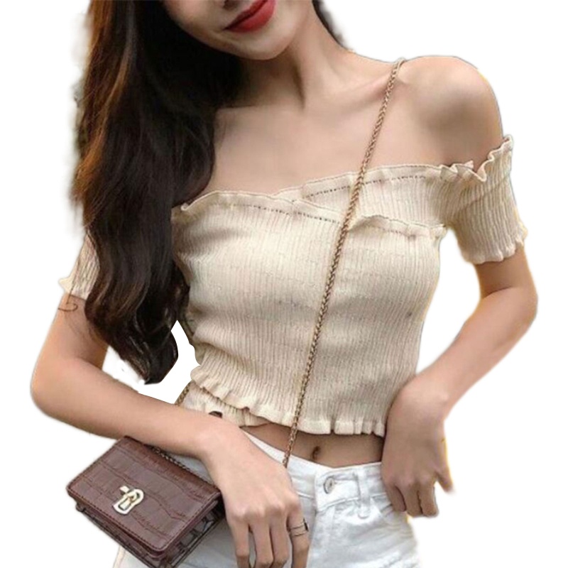 Áo Croptop Trễ Vai Tay Ngắn Phối Bèo Họa Tiết Kẻ Sọc Màu Sắc Thời Trang Mùa Hè Xinh Xắn Cho Nữ