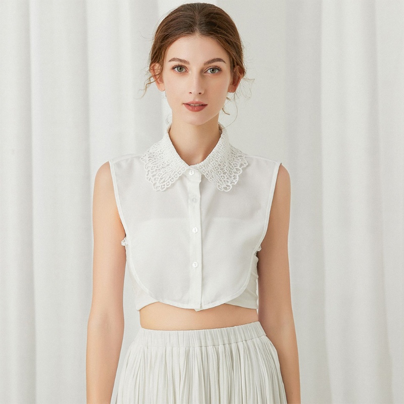 Xiangbao Cổ Áo Sơ Mi Giả Màu Trắng Thêu Họa Tiết Lá Có Nút Có Thể Tháo Rời Cho Nữ