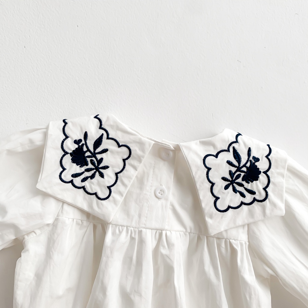 Áo liền quần cotton tay dài màu trắng/ navy họa tiết thêu cho bé gái 0-24 tháng tuổi