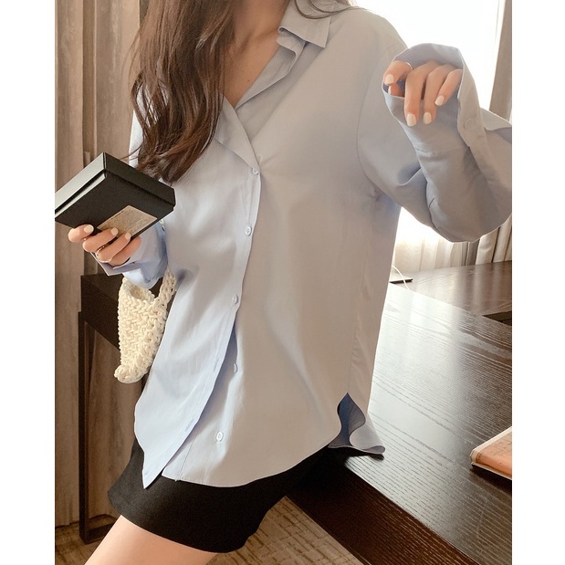 Áo Sơ Mi Tay Dài Cài Nút Bên Hông / Chân Váy Chữ A Lưng Cao Phong Cách Hàn Quốc Hàng Mới 45266