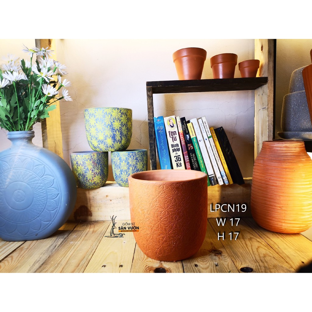 Chậu gốm đất nung kiểu TRỨNG VÂN HOA CÚC size 17cm LPCN19  - Màu gốm đỏ , chậu trồng cây, gốm sứ sân vườn Bình Dư