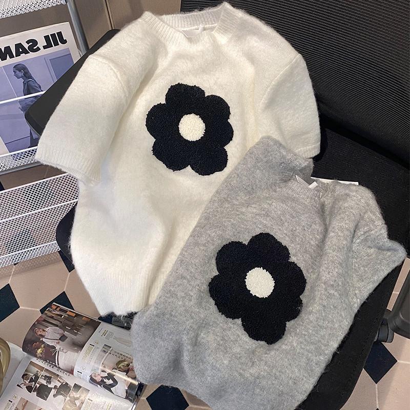 Áo Sweater Dệt Kim Tay Ngắn Cổ Tròn Ba Chiều Mềm Mại In Họa Tiết Hoa Thời Trang Xuân Thu Cho Nữ