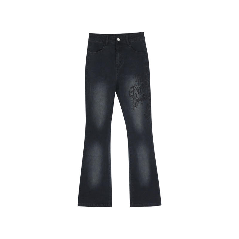 Quần Jeans Lưng Cao Ống Loe Thêu Họa Tiết Phong Cách Mỹ Thời Trang Xuân Thu Mới Cho Nữ