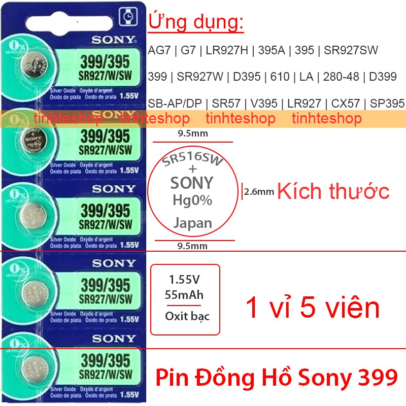 Pin đồng hồ điện tử 399 LR927 LR927H 395A 395 SR927SW SR927W D395 610 D399 SR57 7 SP395 AG7 Sony 1.55V-55mAh 1 vỉ 5 viên