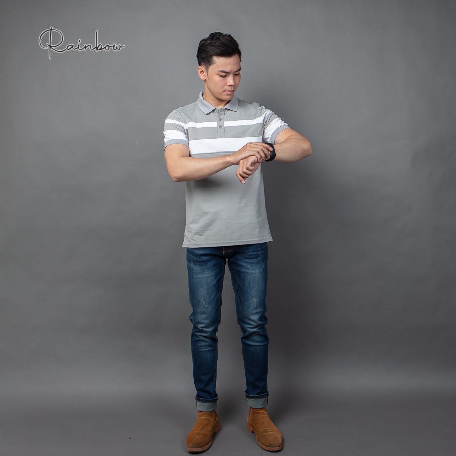 Áo thun có cổ, áo polo cotton chính hãng Rainbow PO003 - Xám phối sọc thân | BigBuy360 - bigbuy360.vn