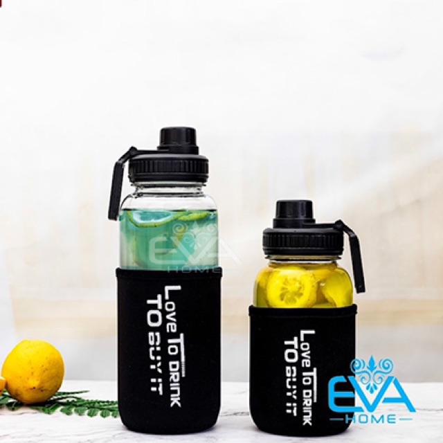 Bình Đựng Nước Thuỷ Tinh Nắp Bật Có Quai Cầm Love To Drink 700ml Tặng Kèm Vỏ Bọc Vải Neoprene