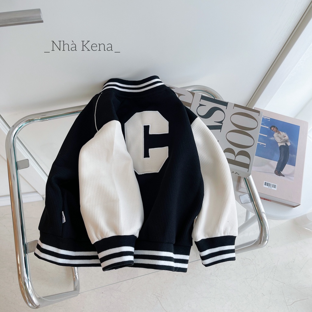 Áo khoác bomber tổ ong thêu chữ cho bé cho bé 9-30kg