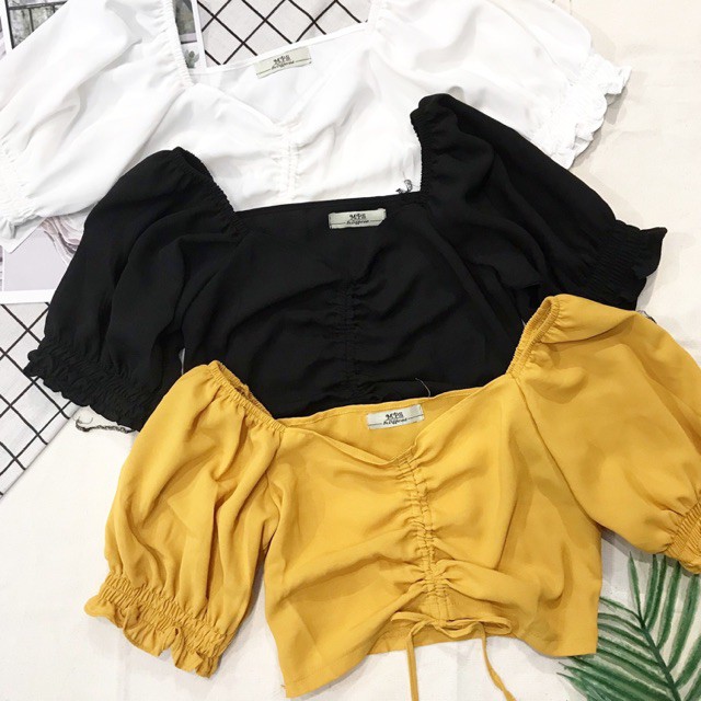 Áo Croptop Kiểu Nữ Tay Phồng Rút Dây Ngực Trẻ Trung EVA AO 10342