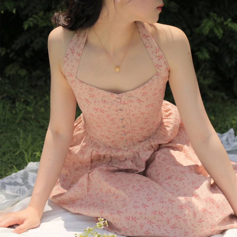 Little Flowers Dresses Váy hoa cổ yếm dáng dài nữ tính mùa hè mát mẻ
