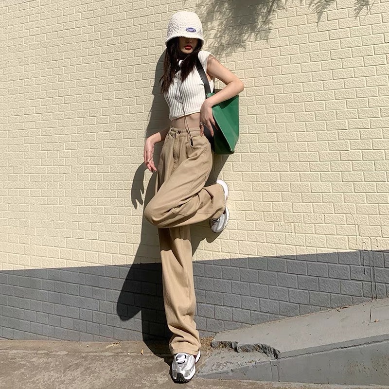 Quần ống rộng màu nâu kem Kaki - Quần Kaki Jean  basic ống suông lưng cao hàng loại 1 ulzzang quảng châu