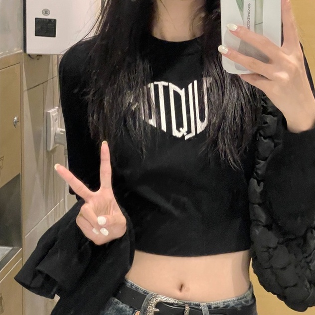 Áo sweater ZHELIHANGFEI tay dài hở eo in chữ thời trang quyến rũ cho nữ