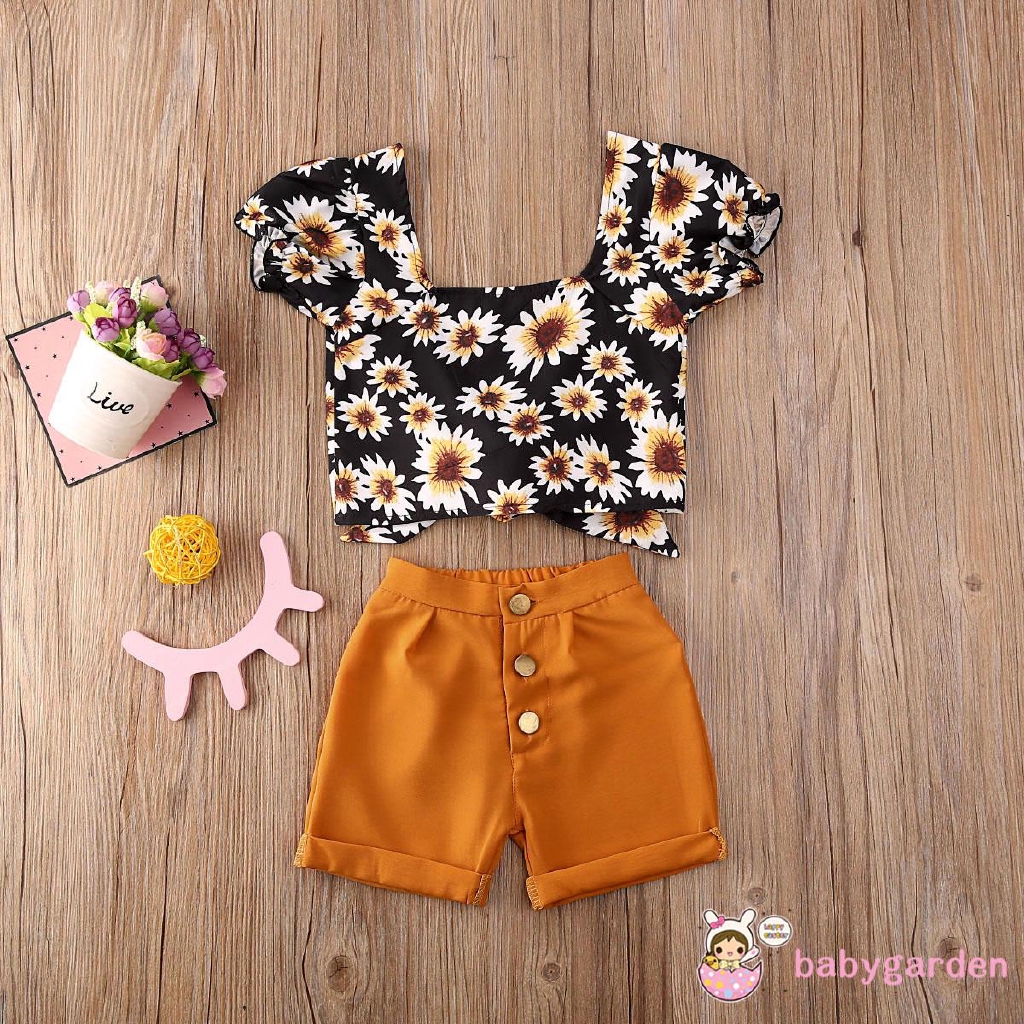 Set Áo Croptop+Quần Sọt Hoạ Tiết Hoa Cho Bé Gái