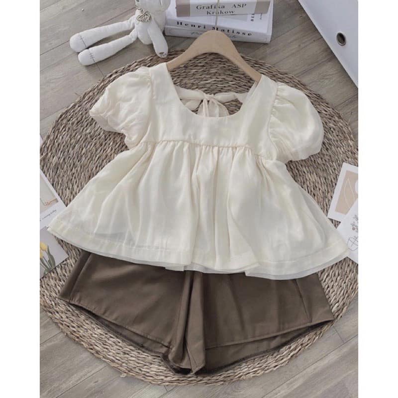 Set Áo+Quần Babydoll Cực Xinh, Áo Voan Tay Bồng Kèm Quần Nâu Thô Đẹp