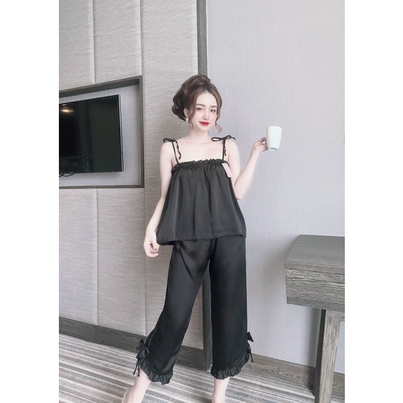 Đồ Ngủ Sexy Nữ, Bộ Hai Dây Quần Dài Chất Satin Màu Trơn Freesize 40-63Kg