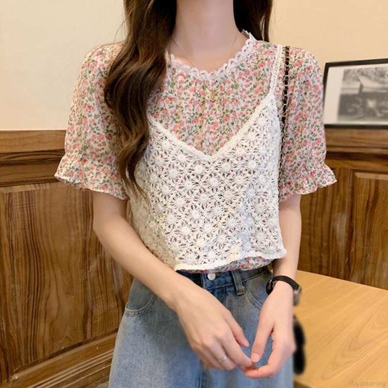 Áo Tank Top Phối Ren Hoa Màu Trơn Thanh Lịch