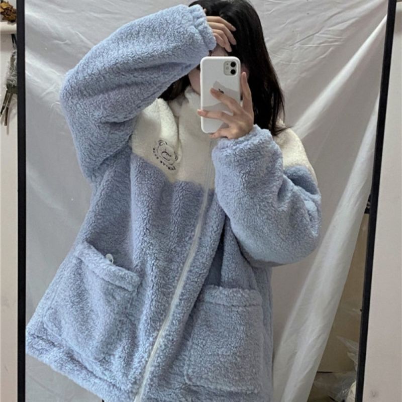 Áo khoác nỉ lông xù bông tai gấu chuột trắng Hàn Quốc unisex nam nữ đáng yêu siêu mềm mịn ấm áp