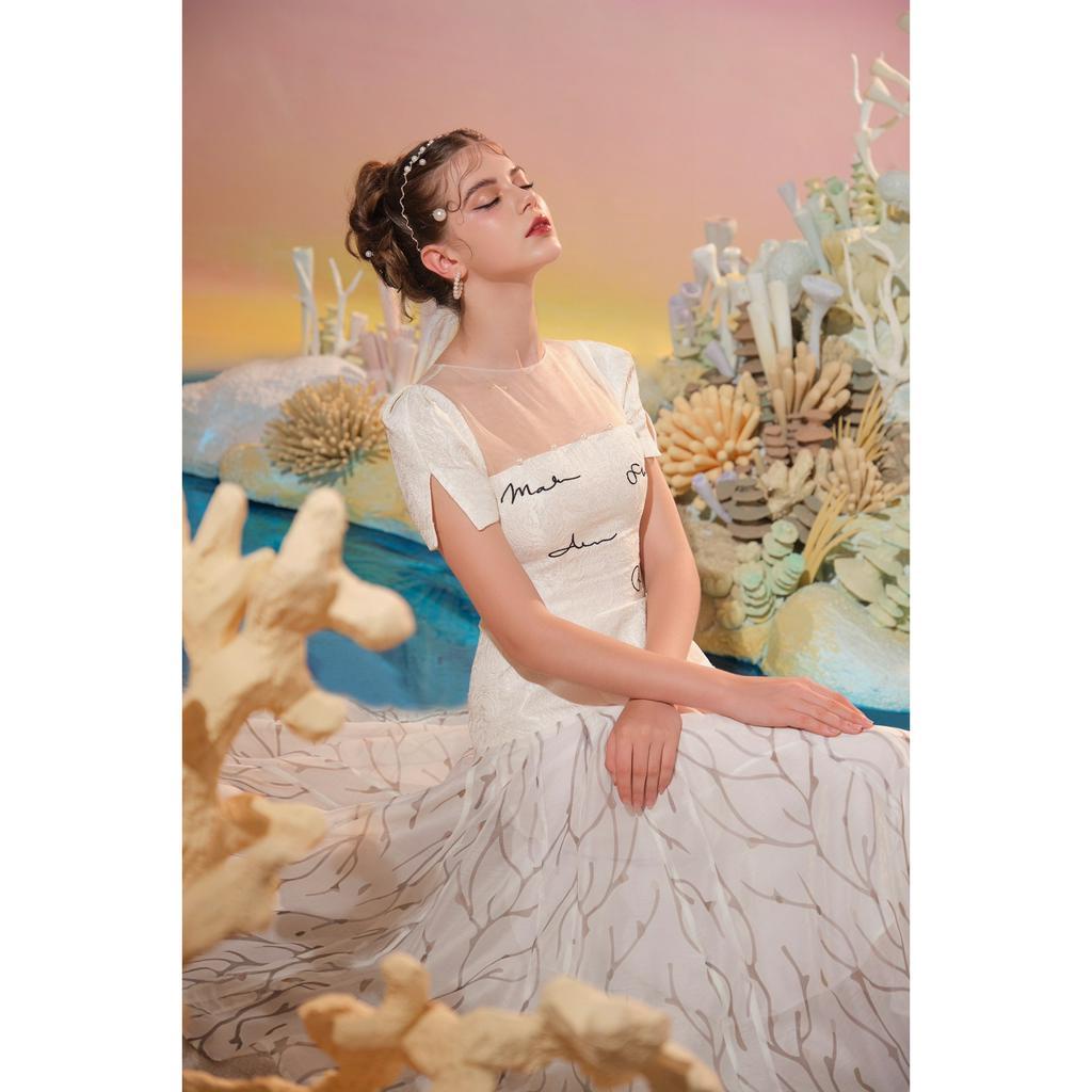 CHICHI - Váy Gấm hoa hồng vân nổi phối vải tơ Robe Champ de roses